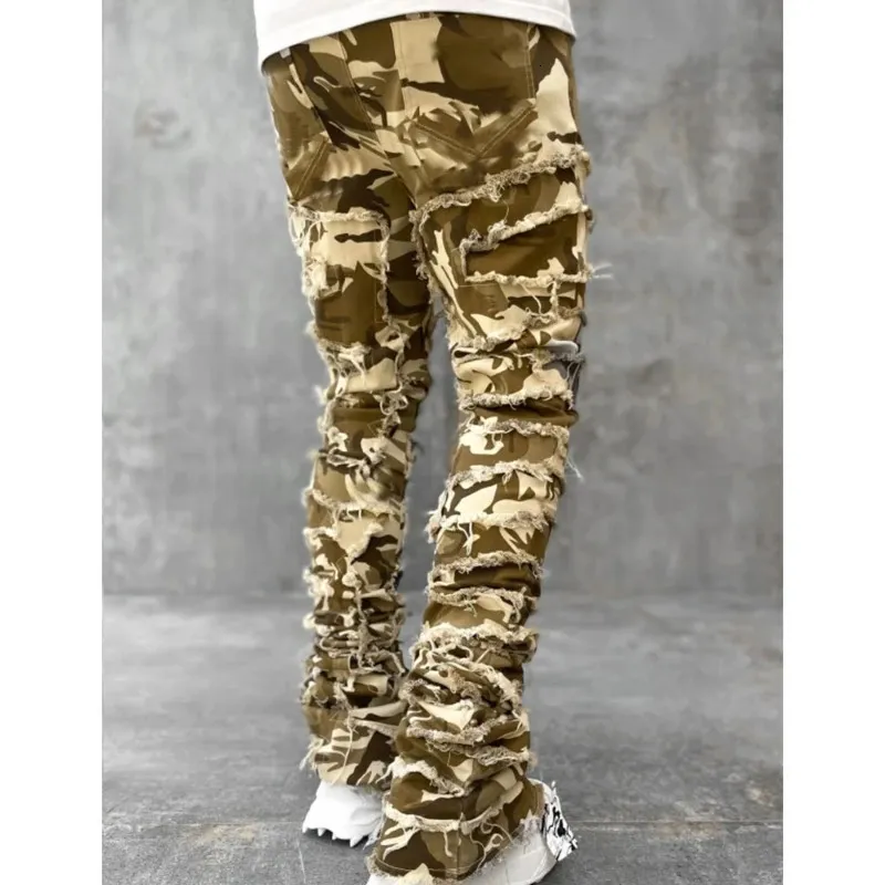 E15E Herren Stacked Jeans Fit Zerrissene Destroyed Gerade Jeanshose Vintage Hip Hop Hose Streetwear 240415_voghion.com