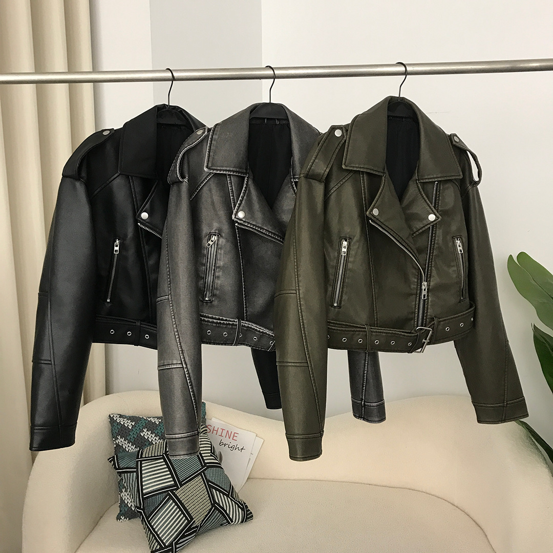 Vêtements pour femmes Dames Printemps et Automne Dames Nouveau Revers Veste Courte Style Moto Mode Style Décontracté Veste En Cuir Mince