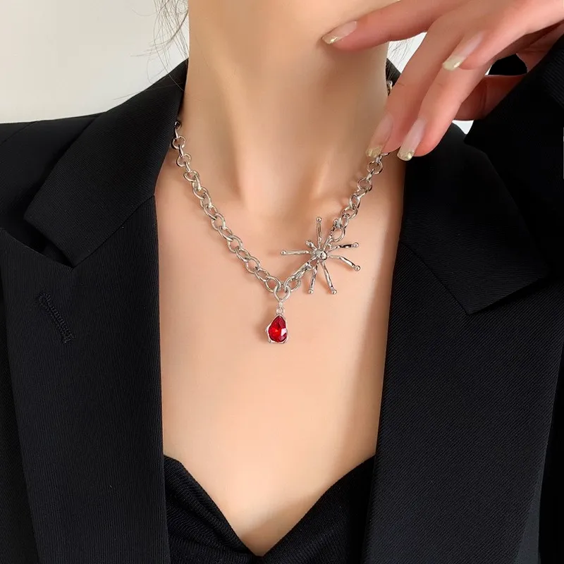 Pendant Necklaces Origin Summer Street Style Asymmetric Spider Necklace For Women Waterdrop Red Rhinestone Chunky Chain_voghion.com