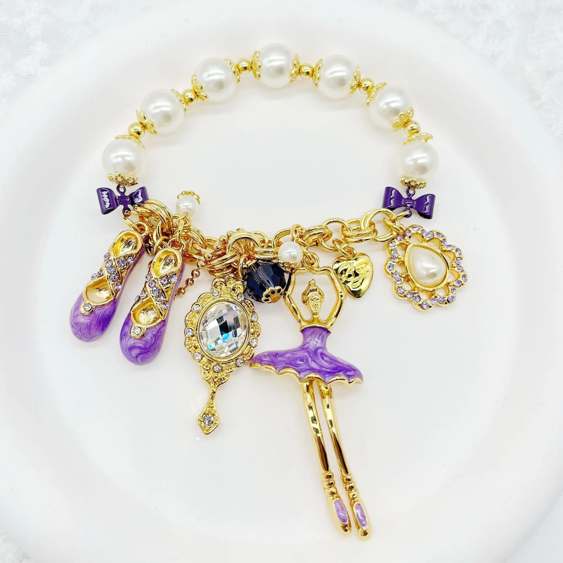 Bracelet à breloques en perles avec pendentif violet vintage_voghion.com