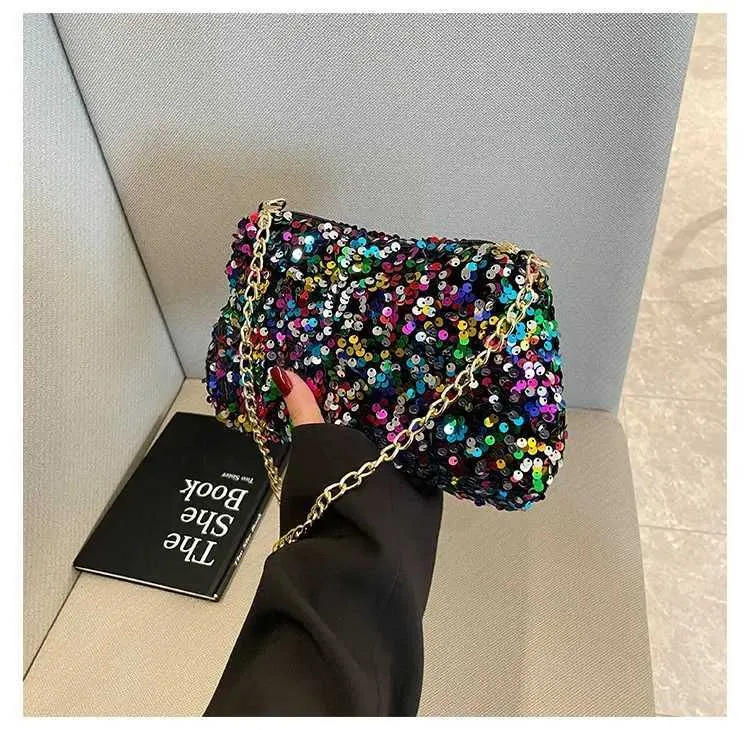 Sac à bandoulière à chaîne simple INS couleur unie paillettes sac à bandoulière portefeuille mobile sac à main de nuit Y241019_voghion.com