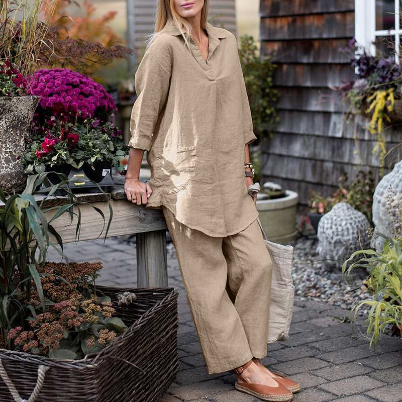 Women's shirt wide-leg pants solid color elegant casual retro suit_voghion.com