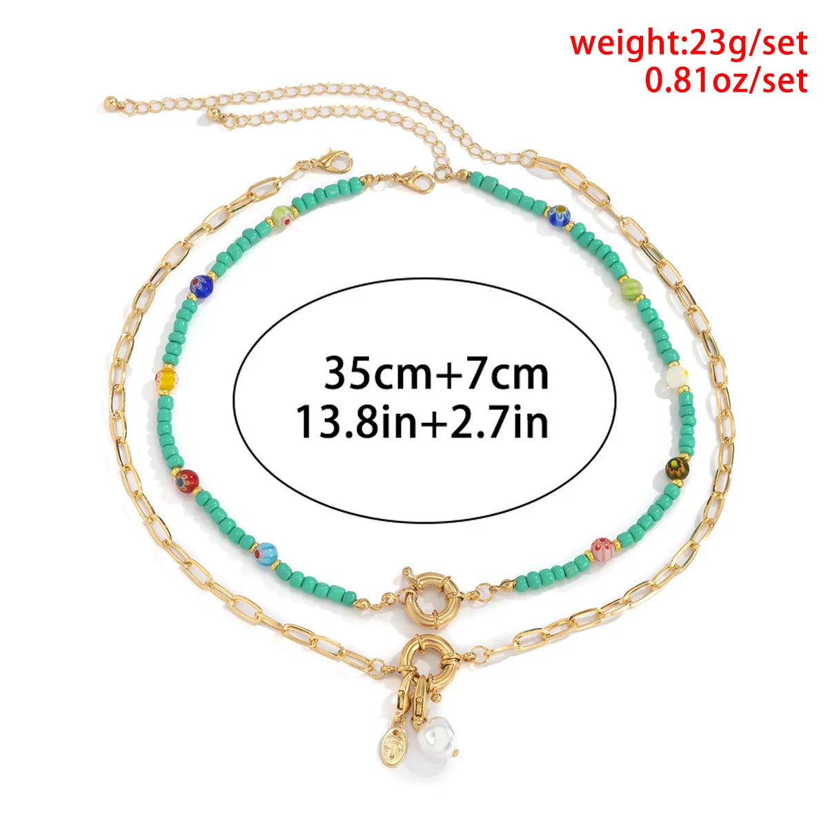 Collane con ciondolo Bohemia Fresh Green Beads Mix And Match Punk Catene in metallo Collana Set per donne Anello circolare Doppio_voghion.com