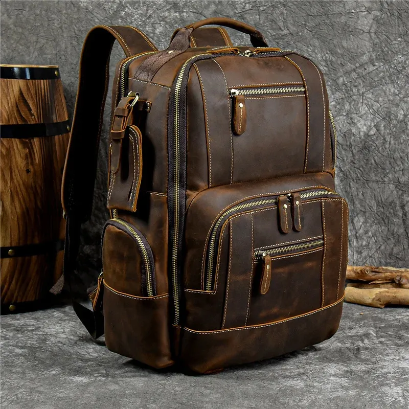 Vintage Mens Crazy Horse Leather genuine leather Retro Rucksack Large Classic Travel Backpack Big laptop computer bag_voghion.com