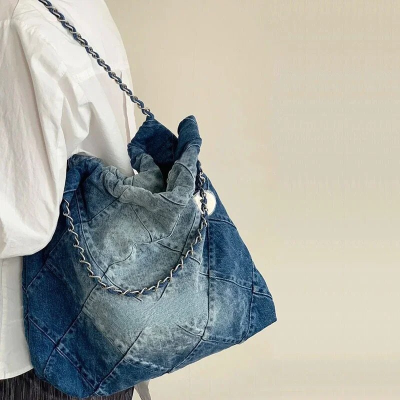 Denin – sacs fourre-tout bleus pour femmes, fourre-tout populaire tendance en treillis de diamant, épaule de grande capacité, sac sous les bras en toile d'automne 2024, nouvelle collection_voghion.com