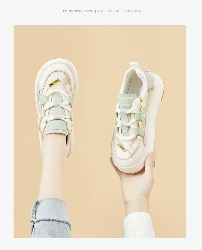 Genuine Leather Thick Soled Round Toe Low Top Skateboarding Casual Fashionable Versatile And Cute Sports Shoes_voghion.com