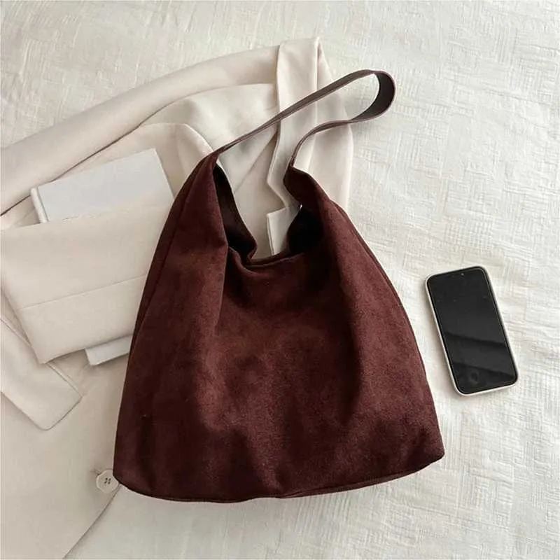 Vintage Womens Large Capacity Suede Shoulder Bag Solid Color Simple Design Casual Commuter Shopper ToteC241104_voghion.com