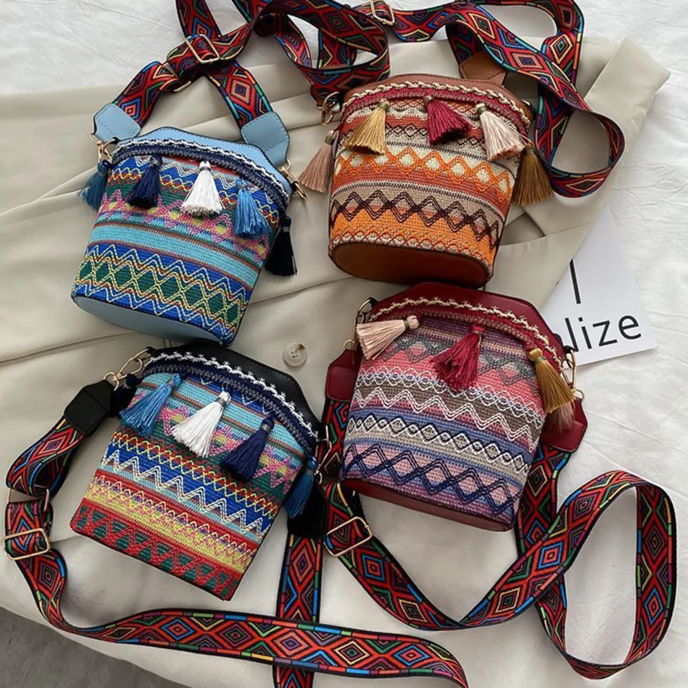 Borsa a tracolla vintage nazionale da donna, con nappa, etnica, intrecciata a mano, hippie, piccola borsa a tracolla_voghion.com
