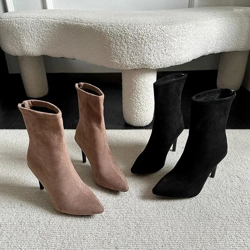 Casual Shoes Women's High Heels 2024 Autumn And Winter Warm Pointed Toe Back Zipper Stiletto Heel Short Boots_voghion.com