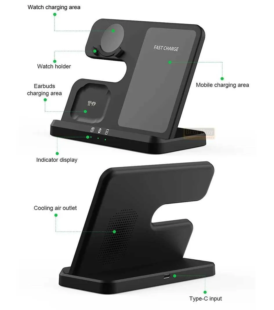 15W 3-in-1 Station Suitable For S23 S22 IPhone 15 14 13 Galaxy Watch 4 3 Earphones 2 Fast Wireless Charger Y241118_voghion.com
