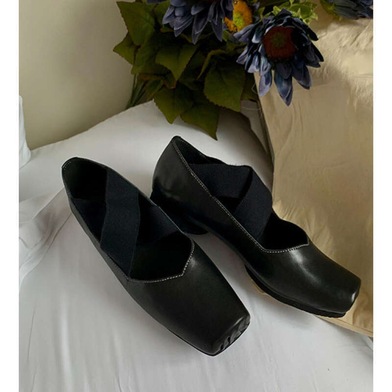 Women's Ballet Leather Square Toe French Shallow Cross Strap Soft Sole Mary Jane Shoes_voghion.com