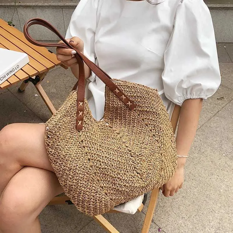 Summer grass woven shoulder bag Latan Beach large capacity handmade vacation travel shopping handbag Y241011_voghion.com