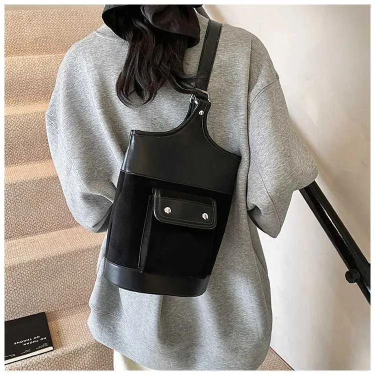 Borsa a tracolla in pelle scamosciata alla moda con toppa in PU per donna, colore a contrasto, casual, grande capacità, tracolla per la spesa da donna_voghion.com