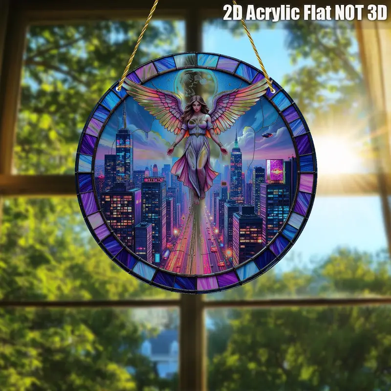 8x8in Cyberpunk Angel Suncatcher - Glowing Cityscape Acrylic Art For Modern Home & Office Decor_voghion.com