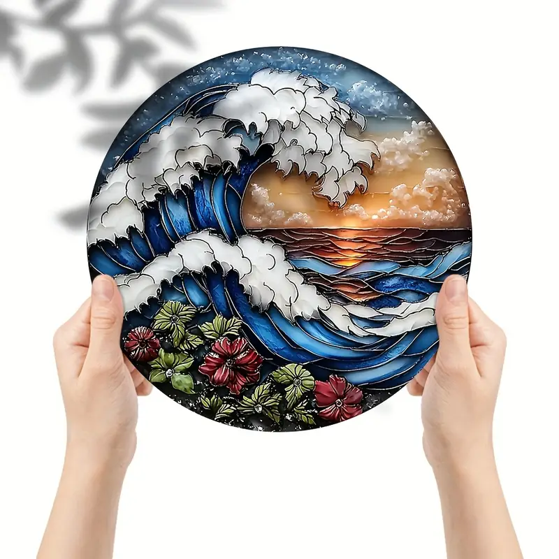 7.9in Ocean Wave Wooden Wall Art - Sunset & Floral Laser-Cut Design For Living Room & Office - Nautical Christmas/Birthday Gift_voghion.com