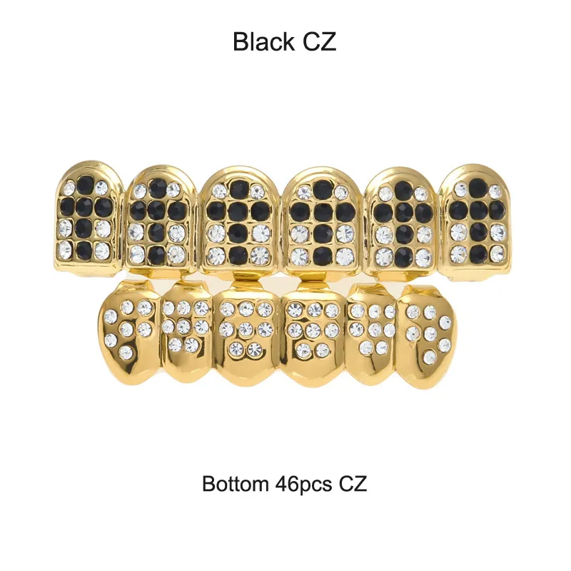 Party Cosplay Hiphop Zubehör CZ Kristall Bio Kupfer Gold Zähne Grillz Kappen oben und unten mit rot schwarz Kreuz Charme_voghion.com