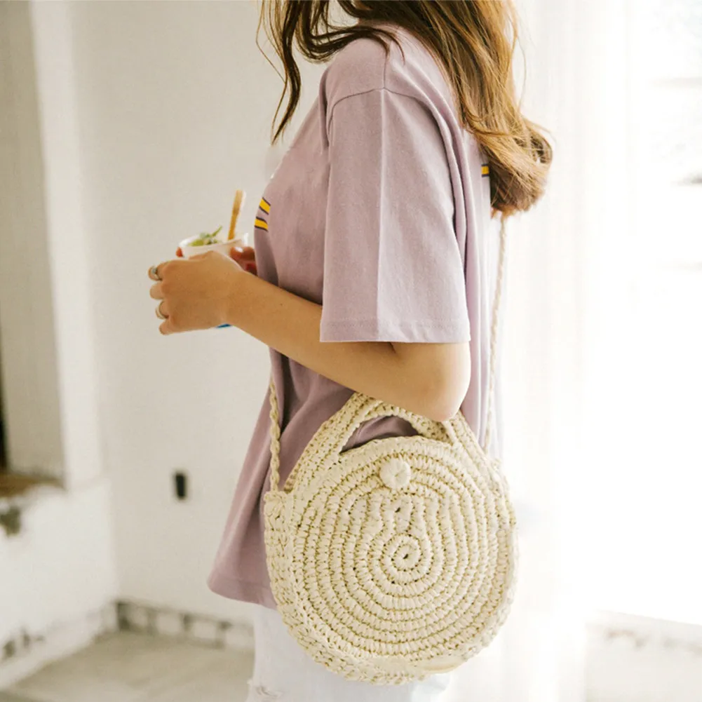 Borsa a tracolla rotonda intrecciata da donna con manico superiore, borsa estiva alla moda, casual, semplice ed elegante, da festa, fatta a mano, in paglia._voghion.com
