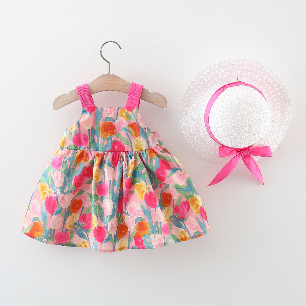 Newborn Baby Girl Dress Flower Printed Sling Bow Dress Send Hat_voghion.com