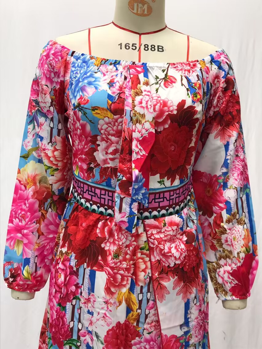 Dress Printed V-neck Retro Long Sleeve Swing Slit Long Dress_voghion.com