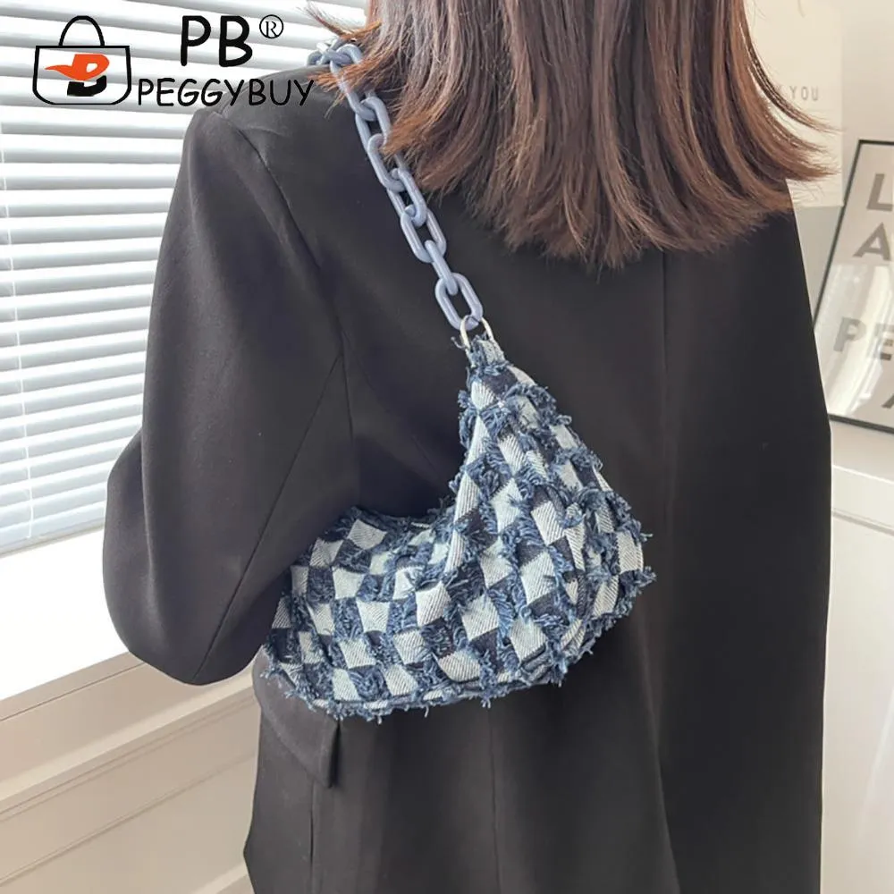 Women Grid Handbag Stylish Vintage Denim Shoulder Clutch Bag Fashion Acrylic Chain Female Armpit Purses Large Capacity_voghion.com