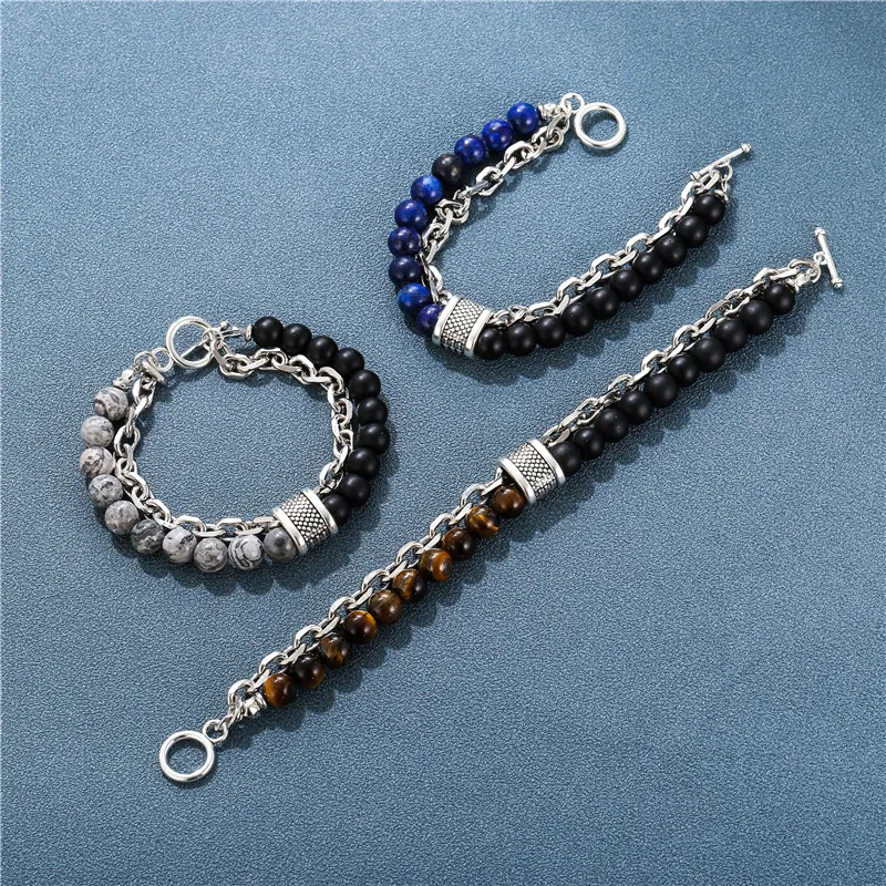 Stone Beaded Chain Bracelet With Tiger Eye And Howlite Marble_voghion.com
