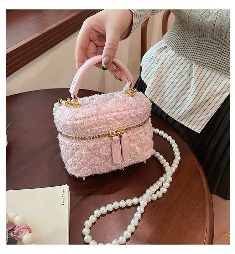 Mini Umhängetasche Für Damen Tweed Karo Klappentasche Perle_voghion.com