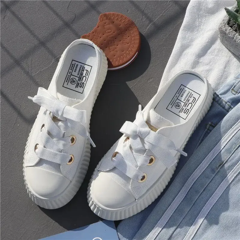 Sneakers estive da donna, pantofole e sandali da donna, ciabatte sportive con fiocco, scarpe alte, punta tonda, cotone, junior, bianco F_voghion.com