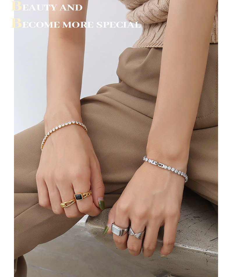 Pulseira feminina minimalista de aço titânio com zircônia cúbica e fecho banhado a ouro 18K, design geométrico para uso diário e presentes_voghion.com