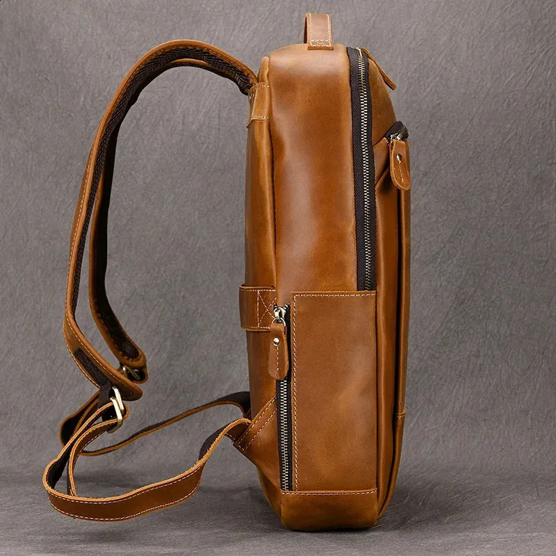 Vintage Mens Crazy Horse Leather genuine leather Retro Rucksack Large Classic Travel Backpack Big laptop computer bag_voghion.com