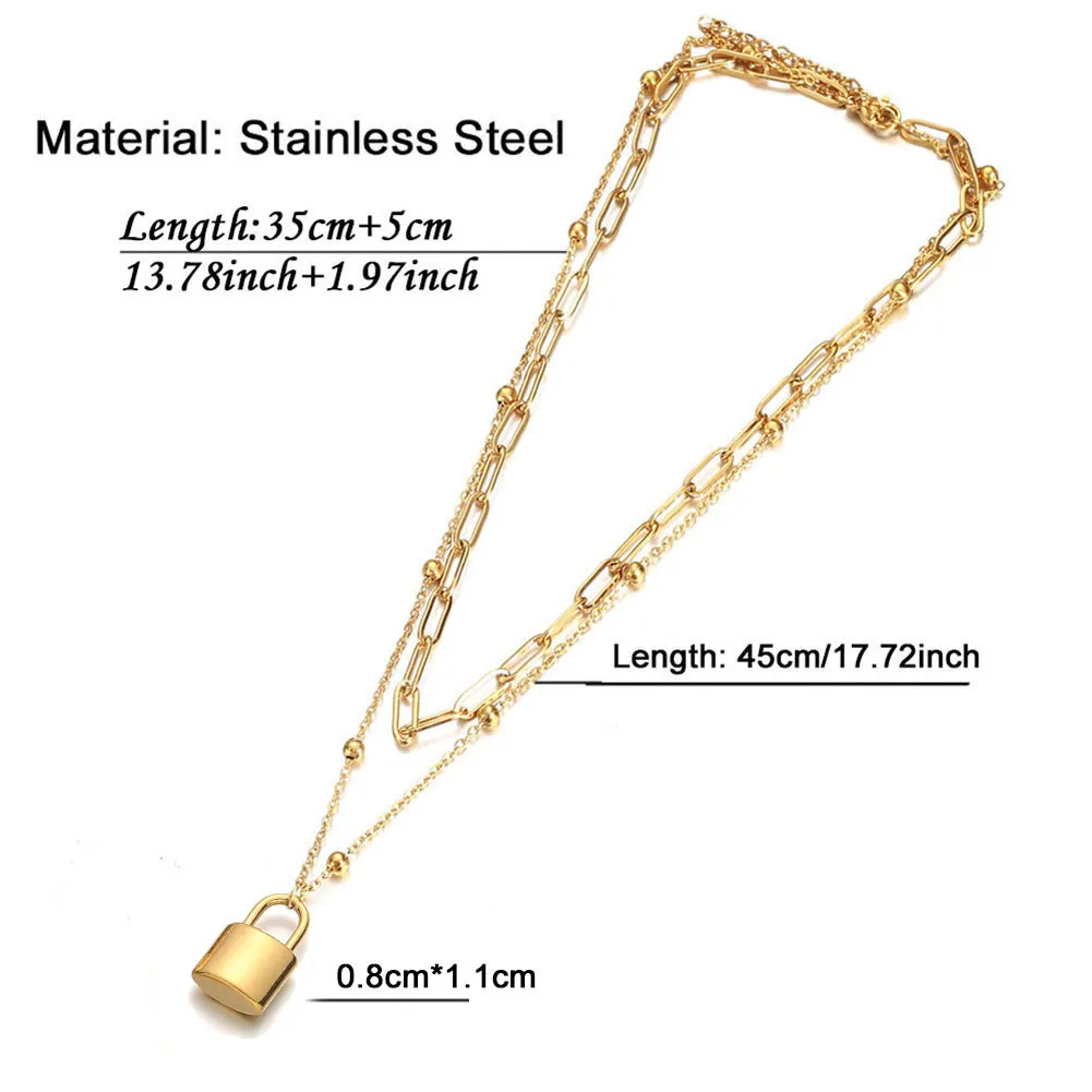 Collane con ciondolo Collana con lucchetto a catena in acciaio inossidabile per donne Catene a doppio strato Ciondoli dorati Choker Gioielli_voghion.com