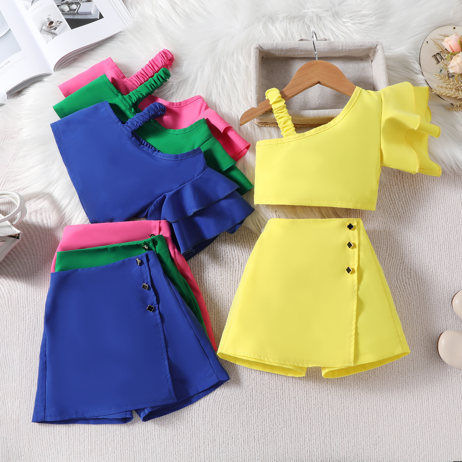 Mother&Kids Summer solid color fashion children diagonal shoulder halter flying sleeve top irregular culottes girls suit