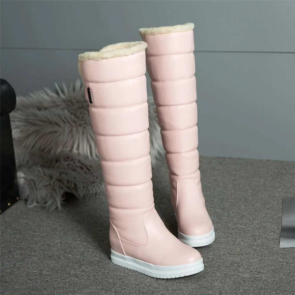 Winter Warm Rosa Weiß Schnee Frauen Schuhe 2024 Niedrigen Absätzen Knie Hohe Stiefel Weibliche Plattform Plüsch Lange Boote Mujer Schwarz_voghion.com