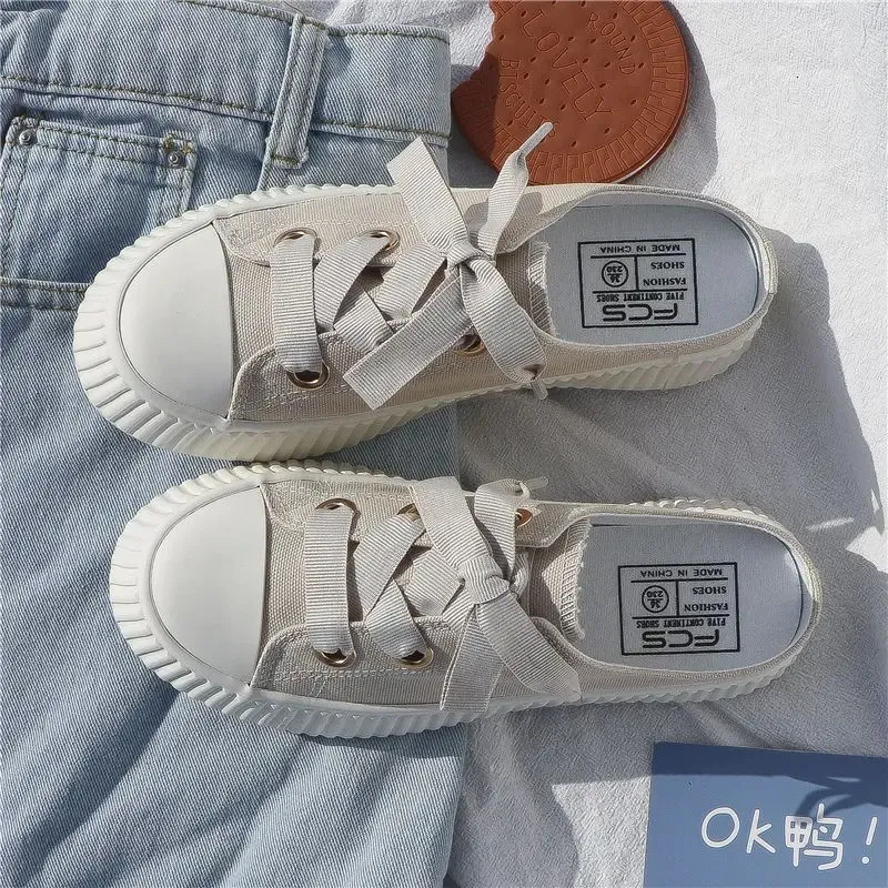 Sneakers estive da donna, pantofole e sandali da donna, ciabatte sportive con fiocco, scarpe alte, punta tonda, cotone, junior, bianco F_voghion.com