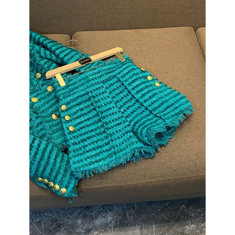 Kvinders mode tweed slim jakkesæt temperament jakkesæt grøn_voghion.com