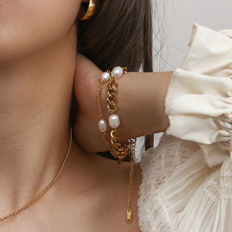 6mm Wide Stainless Steel Cuban Chain Three Pearl Fashionable And Simple Vintage Versatile Style Bracelet_voghion.com