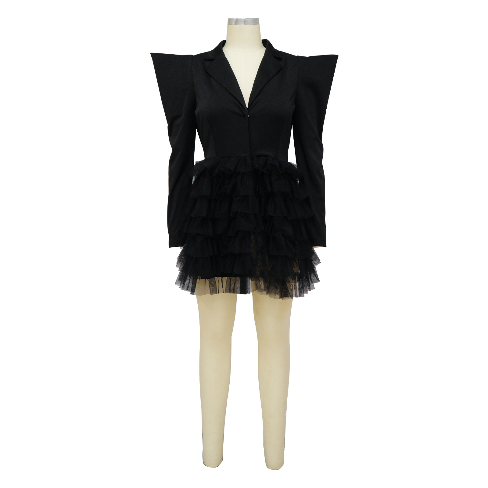Women's Dress Mesh Splice V-neck Right Angle Shoulder Mini Dress_voghion.com
