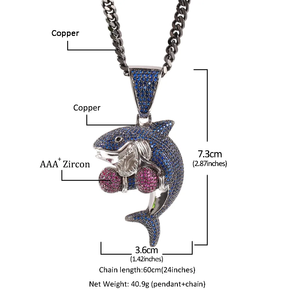Collier pour homme en or blanc glacé avec zircone cubique bleu CZ Boxing Shark personnalisé avec diamants complets Hip Hop Bijoux Cadeaux_voghion.com