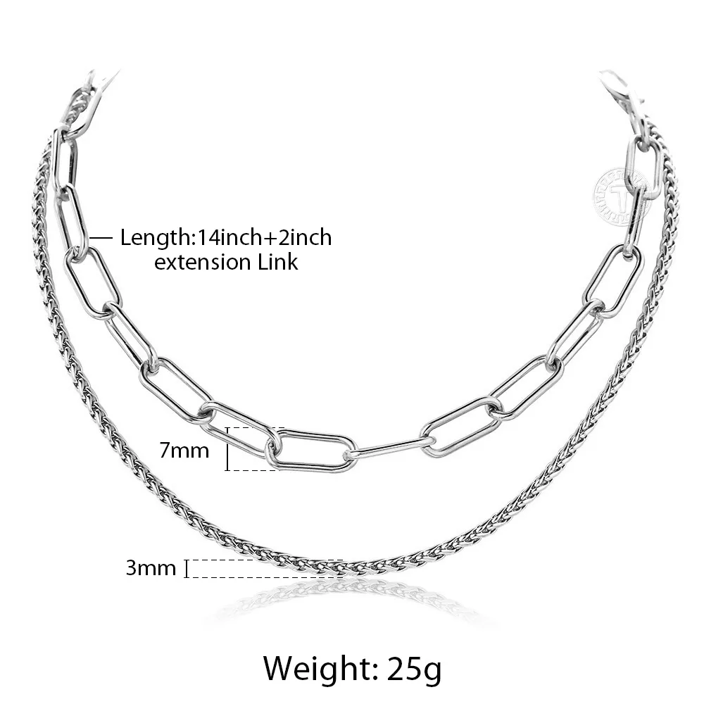 Pendant Necklaces Double Layer Women Necklace Stainless Steel Box Link Paperclip Chain Choker For Girls Sier Color_voghion.com