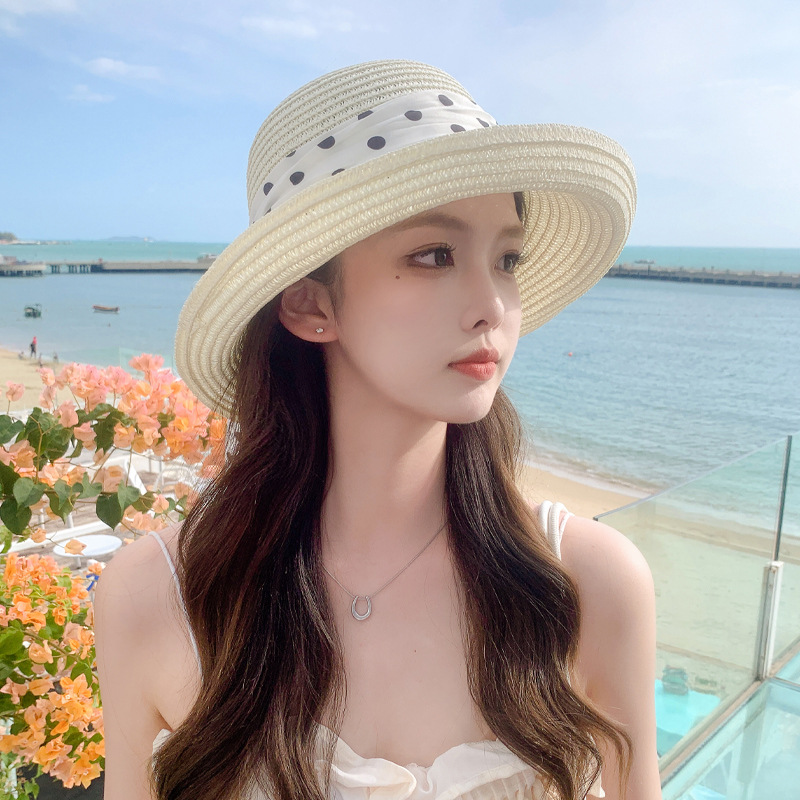 Women's Straw Sun Hat With Polka Dots And Ribbons For Beach_voghion.com