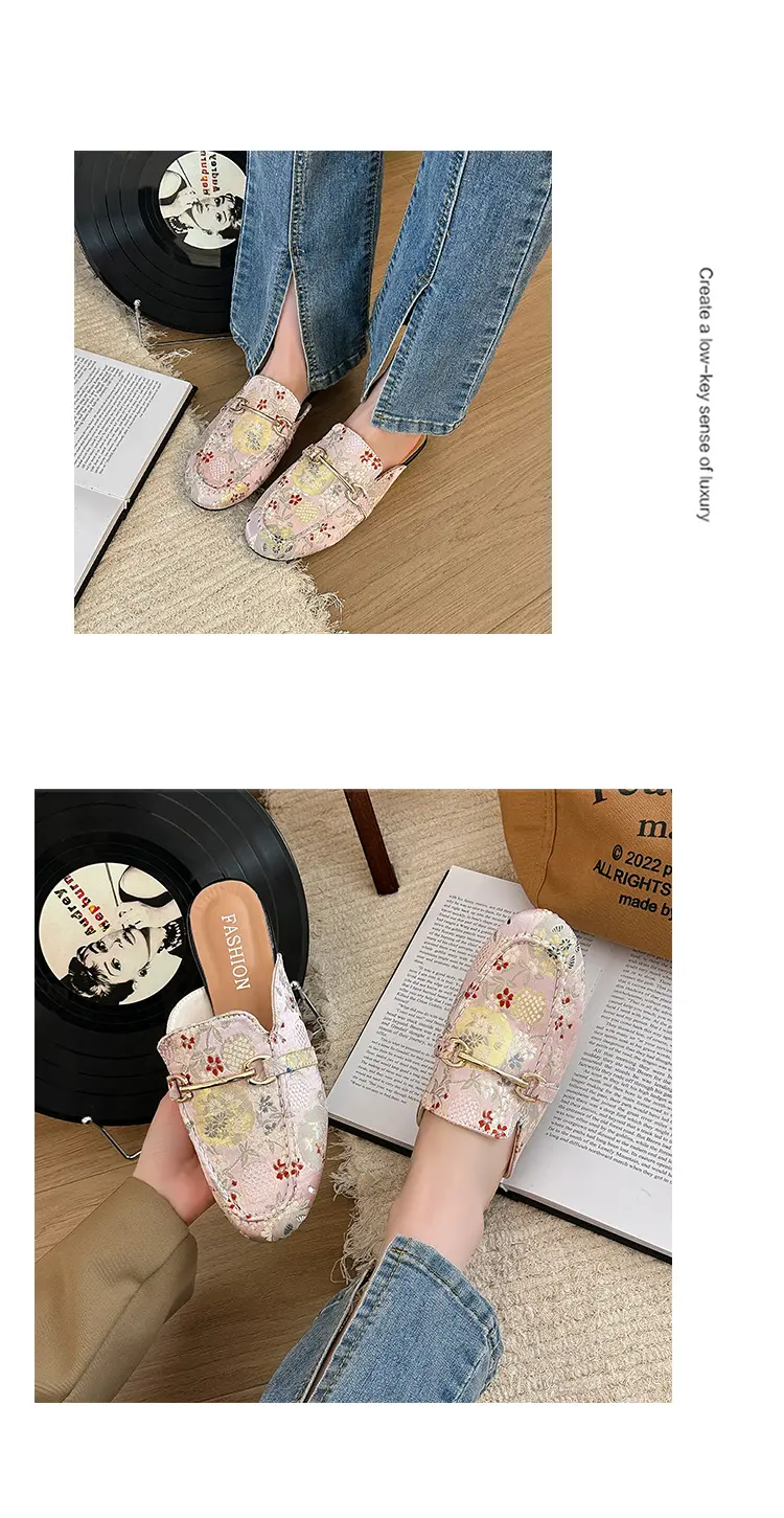 Embroidered Floral Flat Sandals For Women Versatile Half Slippers_voghion.com