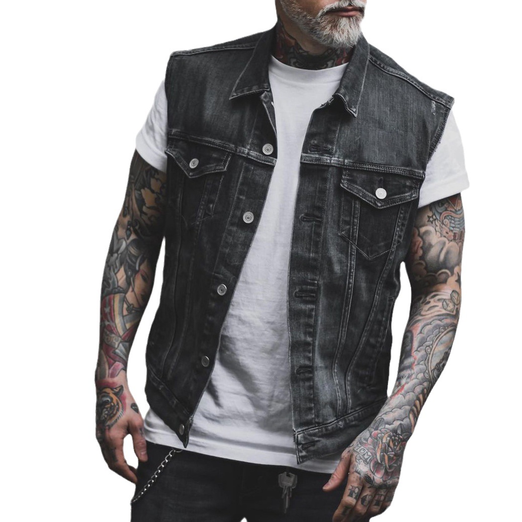 men's clothing punk casual men's denim vest sleeveless lapel denim jacket_voghion.com