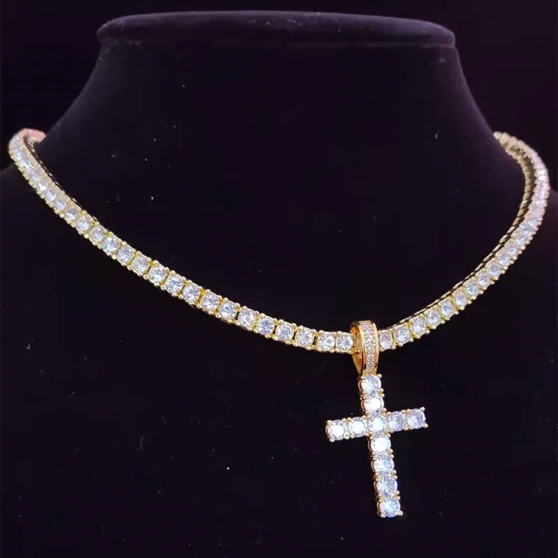 Anheng Halskjeder Menn Kvinner Hip Hop Cross Halskjede Med 4mm Zircon Tennis Kjede Iced Out Bling HipHop Smykker Mote_voghion.com