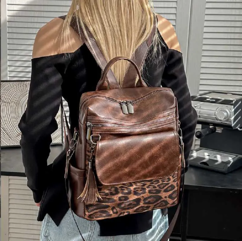 Sacs à dos de voyage en cuir vintage léopard pour femmes, nouvelle mode, grande capacité, sacs à bandoulière, fourre-tout, sac d'école, bandoulière_voghion.com