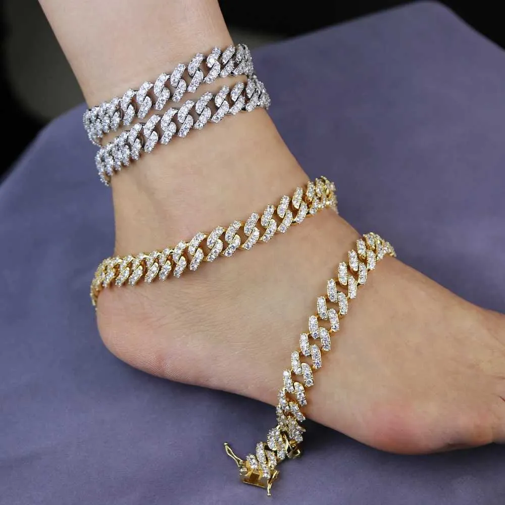 Nánožníky Summer New Ice Sparkling 5a Cubic Zircon CZ Kotník Pánské Hip Hop 14mm Rock Miami Cuban Řetízek na nohy 23cm 25cmL2403_voghion.com