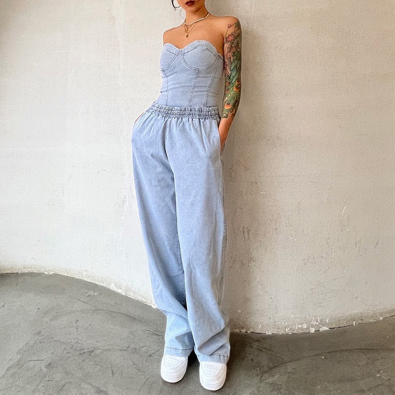 Abbigliamento da donna alla moda, senza maniche, casual, elasticizzato, in denim, due pezzi_voghion.com