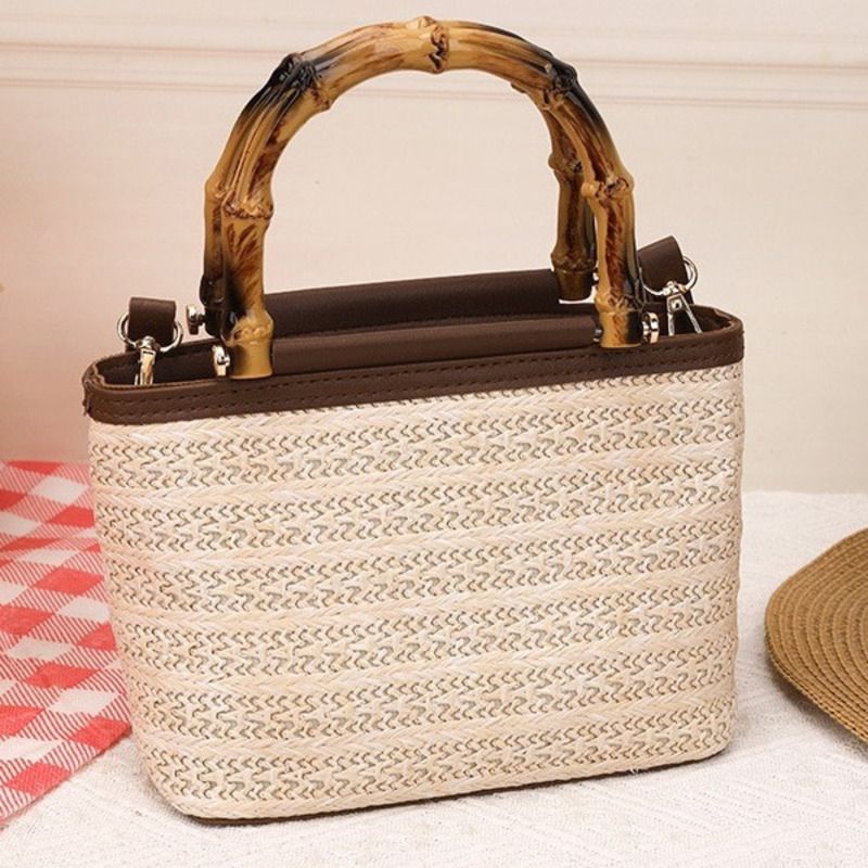 Frühlingsneue, strukturierte, gewebte Tasche mit Bambusgriff. Reise-/Urlaubsmode, Umhängetasche aus Stroh_voghion.com