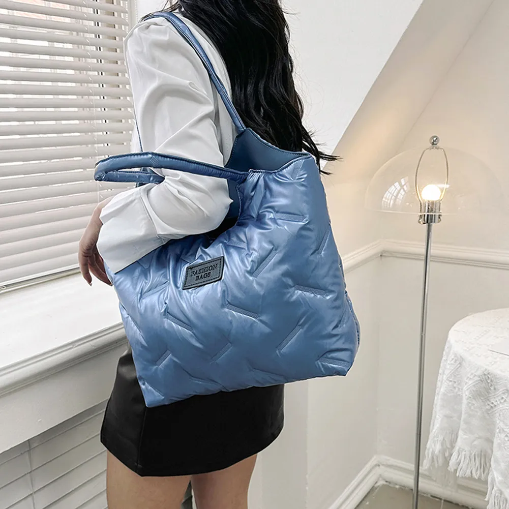 Borsa a mano imbottita in cotone da donna, trapuntata, grande capacità, invernale, casual, morbida e soffice._voghion.com