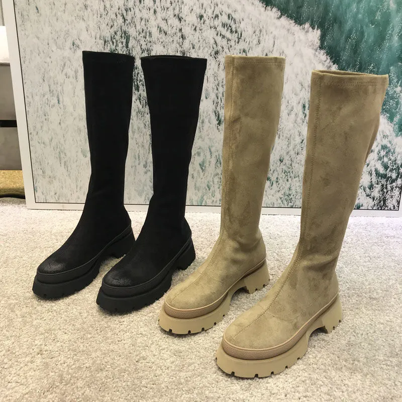 Frauen Herbst Winter Neue Plattform Dünne Ärmel Stretch frauen Runde Kappe Vintage Hohe Stiefel Botas De Mujer_voghion.com