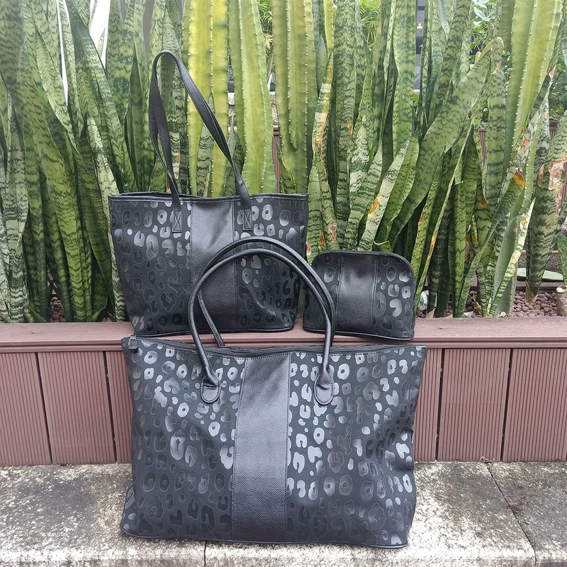 Große Kapazität, schwarze, leuchtende Leopardenmuster, dreiteilige Reisetasche, modische Urlaubsgepäcktasche, tragbare_voghion.com