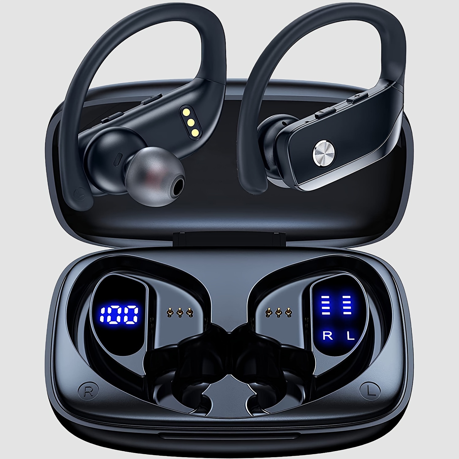 Écouteurs sans fil, écouteurs stéréo Surround, écouteurs de sport longue durée de lecture avec écran LED, écouteurs supra-auriculaires avec crochets d'oreille, micro intégré, bruit_voghion.com